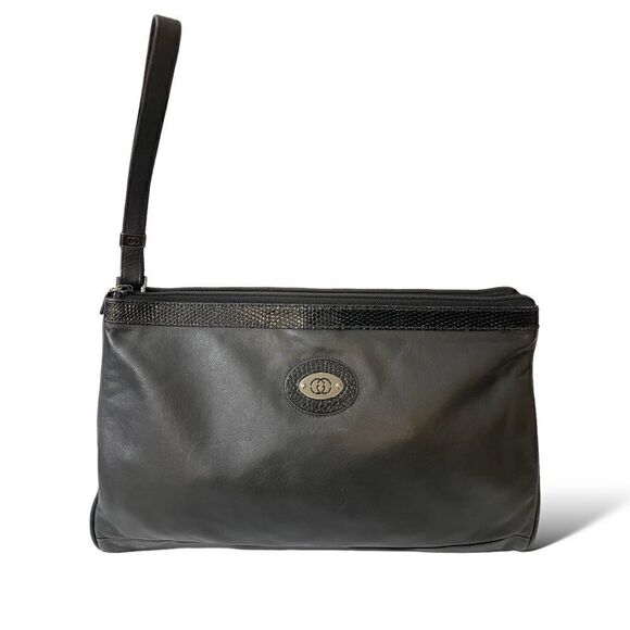 GUCCI Black Leather & Python Trim Vintage Clutch - Picture 1 of 15